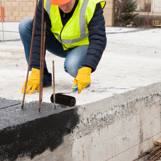 worker adding some black solution on a roofing